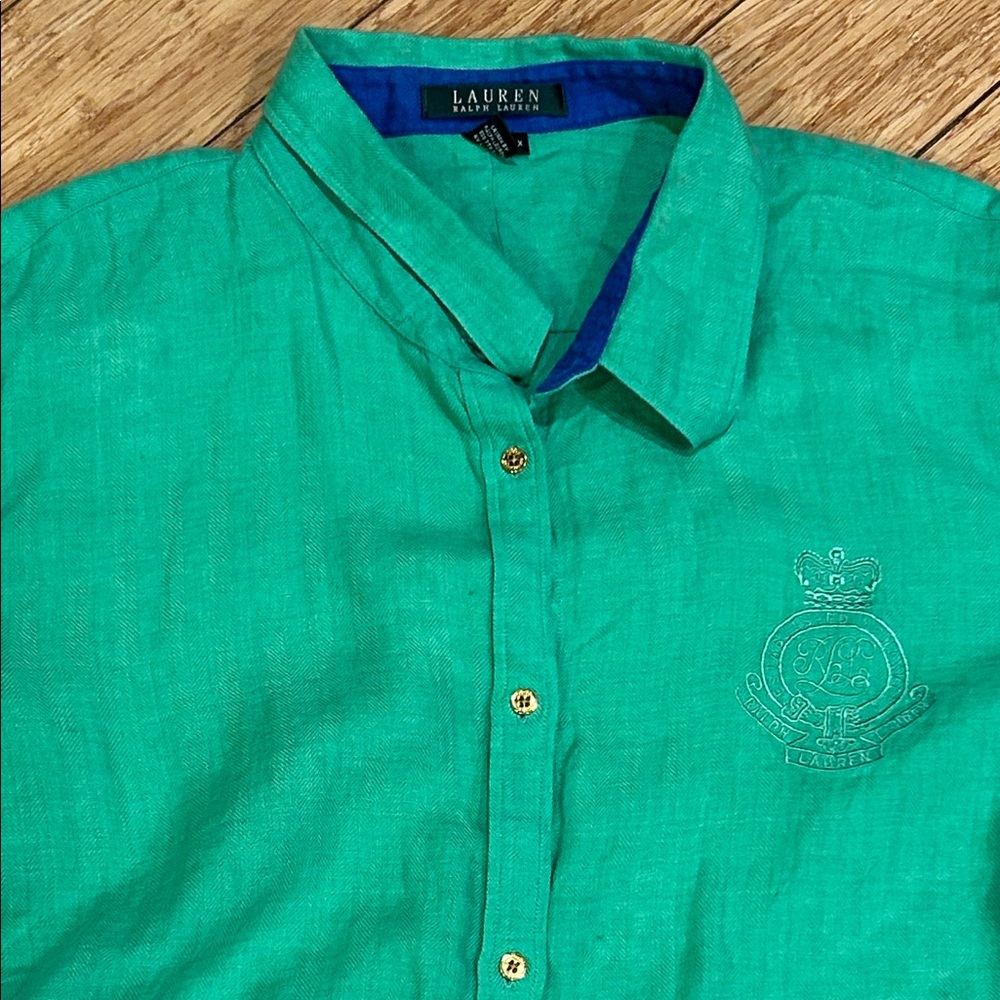 Lauren Ralph Lauren Resortwear Green Linen Blue Contrast Button Down Women’s 3X
